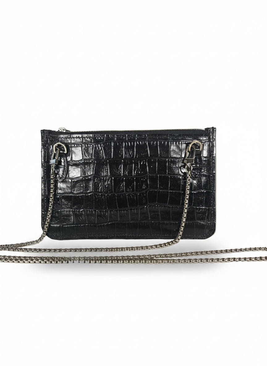 Pochette in Pelle Nera Stampa effetto Coccodrillo - Amélie